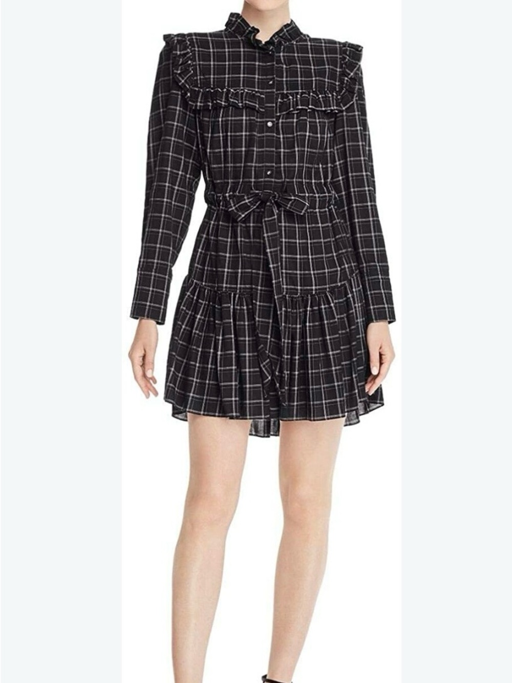 La Vie Rebecca Taylor Black Windowpane Ruffle Shirt Dress with Waist Tie XS